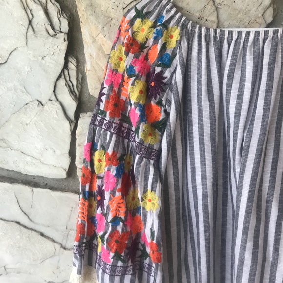 ASOS Tall Gray/White Stripe Embroidered Dress - Picture 3 of 7